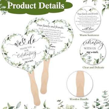 Anglechic 100 Pcs Wedding Fans for Guest and 1 Pc Love is Hot Sign Wooden Wedding Table Sign Wedding Fans Handheld Paper Fans with Wood Handle Heart Shape Fans Bridal Shower Favor (Greenery)