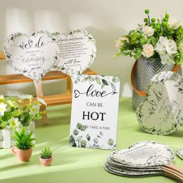 Anglechic 100 Pcs Wedding Fans for Guest and 1 Pc Love is Hot Sign Wooden Wedding Table Sign Wedding Fans Handheld Paper Fans with Wood Handle Heart Shape Fans Bridal Shower Favor (Greenery)