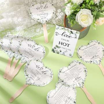 Anglechic 100 Pcs Wedding Fans for Guest and 1 Pc Love is Hot Sign Wooden Wedding Table Sign Wedding Fans Handheld Paper Fans with Wood Handle Heart Shape Fans Bridal Shower Favor (Greenery)
