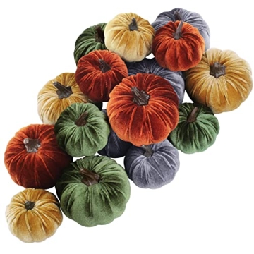 Winlyn 16 Pcs Assorted Small Faux Rustic Harvest Velvet Pumpkins Decorative Rust Orange Gold Olive G...