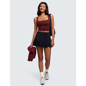 CRZ YOGA Butterluxe Womens Longline Square Neck Sports Bras - Basic Crop Tank Yoga Workout Tops with Built in Pads Red Merlot Medium