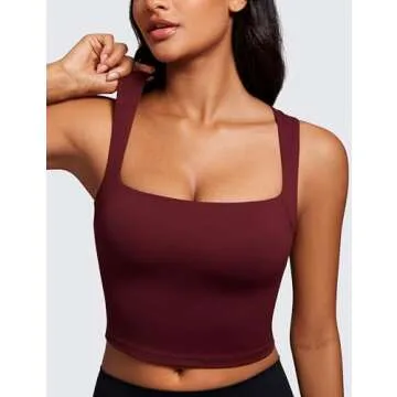 CRZ YOGA Butterluxe Womens Longline Square Neck Sports Bras - Basic Crop Tank Yoga Workout Tops with Built in Pads Red Merlot Medium