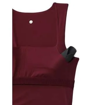 CRZ YOGA Butterluxe Womens Longline Square Neck Sports Bras - Basic Crop Tank Yoga Workout Tops with Built in Pads Red Merlot Medium