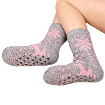 FRALOSHA Fuzzy Warm Slipper Socks Women Winter floor Socks Super Soft lined with Grippers reading Socks Cozy Sleeping Reindeer Socks (Pink)