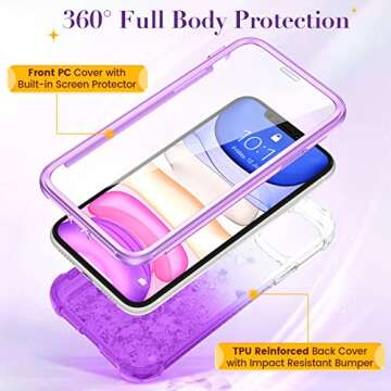 Ruky for iPhone 11 Glitter Case with Built-in Screen Protector, Full Body Rugged Liquid Shockproof Protective Phone Cover (Gradient Purple)