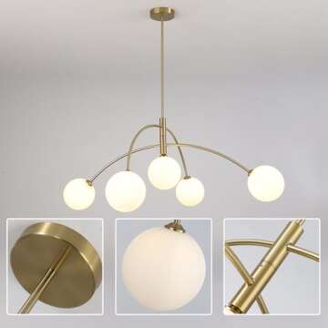 Fulesi Contemporary Gold Ceiling Light 5-Light Glass Globe Lights Mid Century Modern Sputnik Chandelier for Dining Room Kitchen Bedroom Lighting Fixture