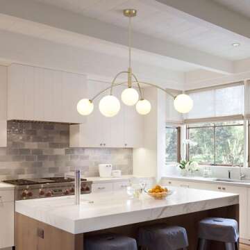 Fulesi Contemporary Gold Ceiling Light 5-Light Glass Globe Lights Mid Century Modern Sputnik Chandelier for Dining Room Kitchen Bedroom Lighting Fixture