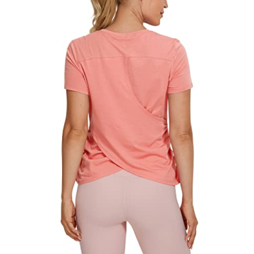 CRZ YOGA Women's Workout Short Sleeves Athleisure Shirts Split Back Yoga Top with Side Shirring Peac...