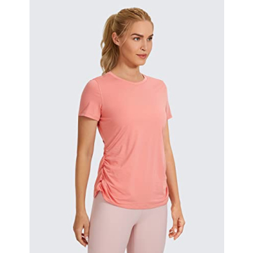 CRZ YOGA Women's Workout Short Sleeves Athleisure Shirts Split Back Yoga Top with Side Shirring Peach Pink X-Large