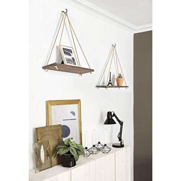 Mkono Wood Hanging Shelves for Wall Boho Decor Swing Rope Rustic Floating Shelf, Set of 3 Wall Displ...