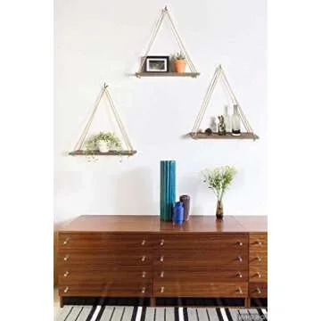 Mkono Wood Hanging Shelves for Wall Boho Decor Swing Rope Rustic Floating Shelf, Set of 3 Wall Display Shelving Home Organizer Rack for Living Room Bedroom Bathroom Kitchen,Brown