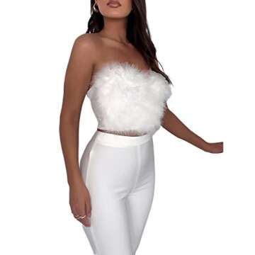 Women Sexy Feather Crop Tops Faux Fur Sleeveless Round Neck Tank Top Y2K Aesthetic Corset Cami Top (Fur White,Small)