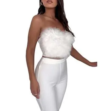 Women Sexy Feather Crop Tops Faux Fur Sleeveless Round Neck Tank Top Y2K Aesthetic Corset Cami Top (Fur White,Small)