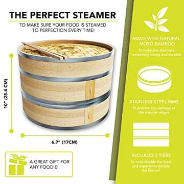 Home Flamingo Natural 10 Inch Bamboo Steamer Basket, dumpling steamer bamboo, Chinese steamer bamboo, Vegetables, Fish, and Dumpling Steamer, Stainless Steel Bands, Includes Chopsticks and Liners