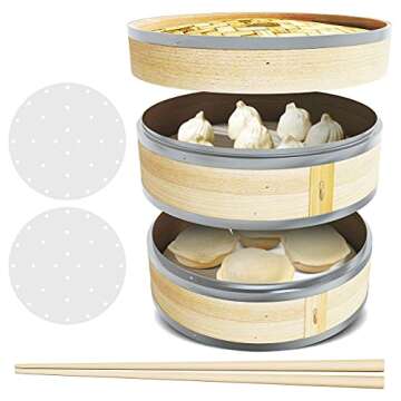 Home Flamingo Natural 10 Inch Bamboo Steamer Basket, dumpling steamer bamboo, Chinese steamer bamboo, Vegetables, Fish, and Dumpling Steamer, Stainless Steel Bands, Includes Chopsticks and Liners