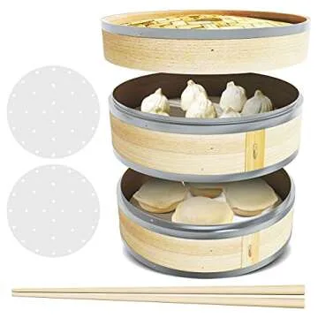 Home Flamingo Natural 10 Inch Bamboo Steamer Basket, dumpling steamer bamboo, Chinese steamer bamboo, Vegetables, Fish, and Dumpling Steamer, Stainless Steel Bands, Includes Chopsticks and Liners
