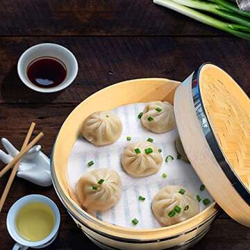 Home Flamingo Natural 10 Inch Bamboo Steamer Basket, dumpling steamer bamboo, Chinese steamer bamboo, Vegetables, Fish, and Dumpling Steamer, Stainless Steel Bands, Includes Chopsticks and Liners