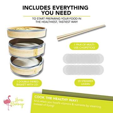 Home Flamingo Natural 10 Inch Bamboo Steamer Basket, dumpling steamer bamboo, Chinese steamer bamboo, Vegetables, Fish, and Dumpling Steamer, Stainless Steel Bands, Includes Chopsticks and Liners