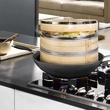 Home Flamingo Natural 10 Inch Bamboo Steamer Basket, dumpling steamer bamboo, Chinese steamer bamboo, Vegetables, Fish, and Dumpling Steamer, Stainless Steel Bands, Includes Chopsticks and Liners