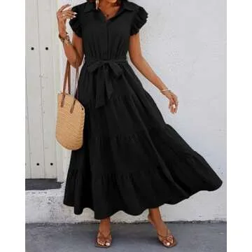 dowerme Women Summer Dress Cap Ruffle Sleeve V Neck