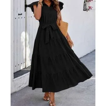 dowerme Women Summer Dress Cap Ruffle Sleeve V Neck