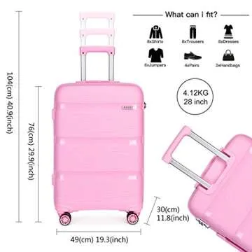 Kono Carry On Luggage Hard Shell Travel Trolley 4 Spinner Wheels Lightweight Polypropylene Suitcase with TSA Lock (Checked-Large 28-Inch, Pink)