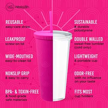 WEST & FIFTH W&5th Mermaid Scale Tumbler, Reusable BPA Free Water Bottle, For Water, Coffee, Cold Brew & More, 24oz (Hot Pink, Matte)