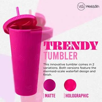 WEST & FIFTH W&5th Mermaid Scale Tumbler, Reusable BPA Free Water Bottle, For Water, Coffee, Cold Brew & More, 24oz (Hot Pink, Matte)