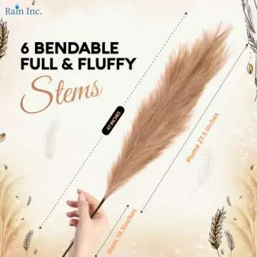 Rain Inc.| Brown & Cream Faux Pampas Grass| 6 PCS Extra Tall Full & Fluffy (47”/ 120cm| Floor & Table Vase Filler| Premium Fake Artificial Pompous| Tall Big Fluffy Boho Décor| Under $7 a stem!