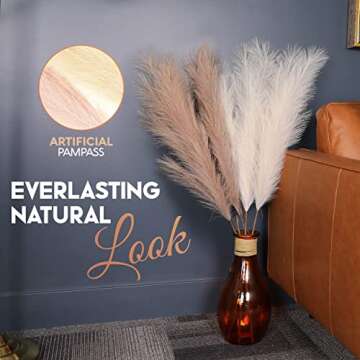 Rain Inc.| Brown & Cream Faux Pampas Grass| 6 PCS Extra Tall Full & Fluffy (47”/ 120cm| Floor & Table Vase Filler| Premium Fake Artificial Pompous| Tall Big Fluffy Boho Décor| Under $7 a stem!
