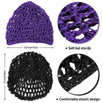 Geyoga 4 Pieces Mesh Crochet Hair Net Rayon Knit Snood Hat Thick Short Women Hairnet Snoods Cover Ornament for Sleeping (Black, Purple)