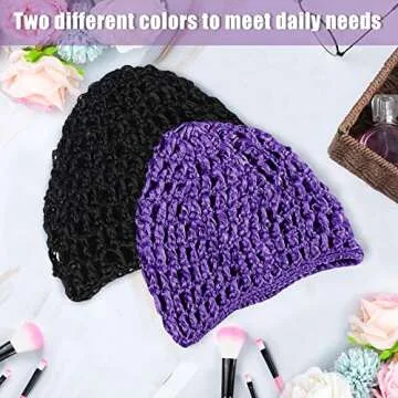 Geyoga 4 Pieces Mesh Crochet Hair Net Rayon Knit Snood Hat Thick Short Women Hairnet Snoods Cover Ornament for Sleeping (Black, Purple)