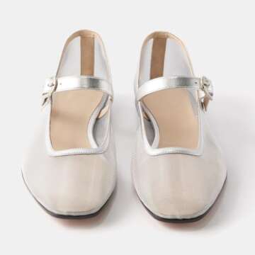 Trelako Tulle Mesh Ballet Flats for Women Square Toe Buckle Strap Slip On Fishnet Ballerina Shoes Ca...