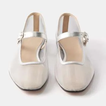 Trelako Tulle Mesh Ballet Flats for Women Square Toe Buckle Strap Slip On Fishnet Ballerina Shoes Ca...