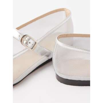 Trelako Tulle Mesh Ballet Flats for Women Square Toe Buckle Strap Slip On Fishnet Ballerina Shoes Casual Comfortable Dress Mary Jane Flat Sandals Silver