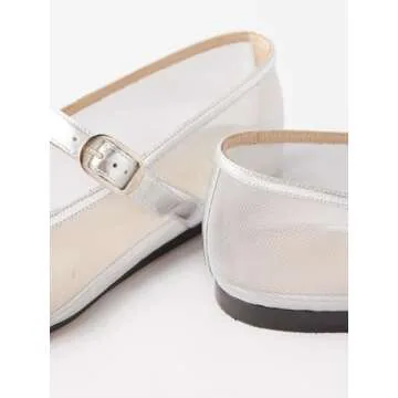Trelako Tulle Mesh Ballet Flats for Women Square Toe Buckle Strap Slip On Fishnet Ballerina Shoes Casual Comfortable Dress Mary Jane Flat Sandals Silver