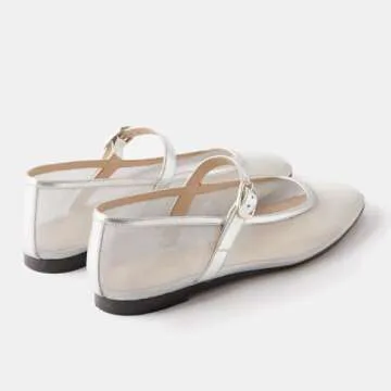 Trelako Tulle Mesh Ballet Flats for Women Square Toe Buckle Strap Slip On Fishnet Ballerina Shoes Casual Comfortable Dress Mary Jane Flat Sandals Silver