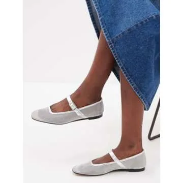 Trelako Tulle Mesh Ballet Flats for Women Square Toe Buckle Strap Slip On Fishnet Ballerina Shoes Casual Comfortable Dress Mary Jane Flat Sandals Silver