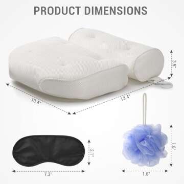 Luxury Bathtub Pillow - Luxury 3D Mesh Bathtub Pillow for Neck and Back Support with Eye Mask, Loofah and 6 Non-Slip Suction Cups, White