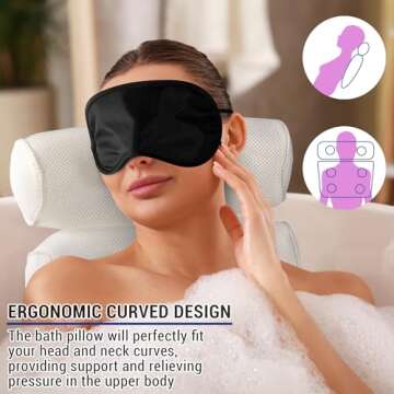 Luxury Bathtub Pillow - Luxury 3D Mesh Bathtub Pillow for Neck and Back Support with Eye Mask, Loofah and 6 Non-Slip Suction Cups, White