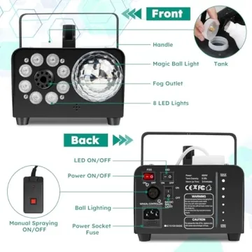 Fog Machine, Smoke Machine with Disco Ball Lights, 600W Power and 3000CFM Fog Output Fog Machine with 13 Colors LED Lights Wireless Remote Control Perfect for Parties, Wedding, Birthday, DJ Stage