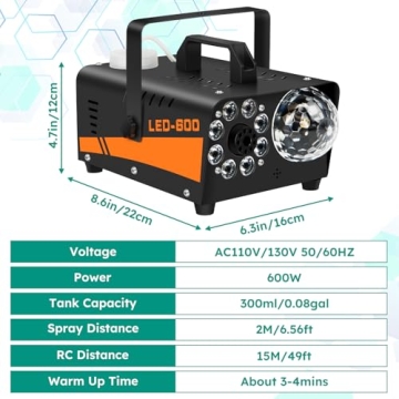 Fog Machine, Smoke Machine with Disco Ball Lights, 600W Power and 3000CFM Fog Output Fog Machine with 13 Colors LED Lights Wireless Remote Control Perfect for Parties, Wedding, Birthday, DJ Stage