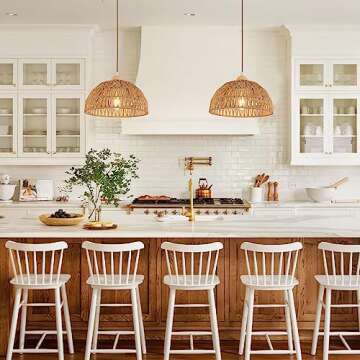 OCWHT Boho Pendant Light Fixture Kitchen Chandelier Rattan Hanging Light Flush Mount Ceiling Light Boho Lamp Shade Wooden Base Bohemian Chandelier for Hallway Bedroom Chandelier Dinning Light Fixture