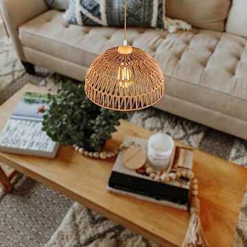 OCWHT Boho Pendant Light Fixture Kitchen Chandelier Rattan Hanging Light Flush Mount Ceiling Light Boho Lamp Shade Wooden Base Bohemian Chandelier for Hallway Bedroom Chandelier Dinning Light Fixture