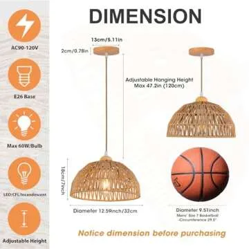OCWHT Boho Pendant Light Fixture Kitchen Chandelier Rattan Hanging Light Flush Mount Ceiling Light Boho Lamp Shade Wooden Base Bohemian Chandelier for Hallway Bedroom Chandelier Dinning Light Fixture