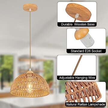 OCWHT Boho Pendant Light Fixture Kitchen Chandelier Rattan Hanging Light Flush Mount Ceiling Light Boho Lamp Shade Wooden Base Bohemian Chandelier for Hallway Bedroom Chandelier Dinning Light Fixture