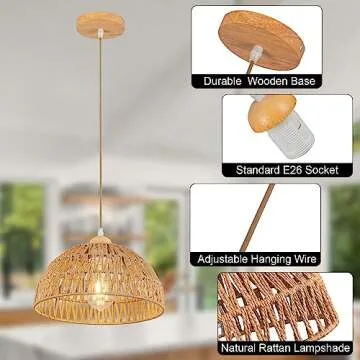 OCWHT Boho Pendant Light Fixture Kitchen Chandelier Rattan Hanging Light Flush Mount Ceiling Light Boho Lamp Shade Wooden Base Bohemian Chandelier for Hallway Bedroom Chandelier Dinning Light Fixture
