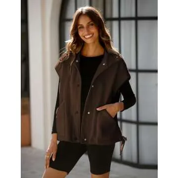 APAFES Women Oversized Fleece Vest Winter Warm Stand Collar Flysleeve Fuzzy Jackets Outerwear Coat with Pockets(0970-Coffee-L)