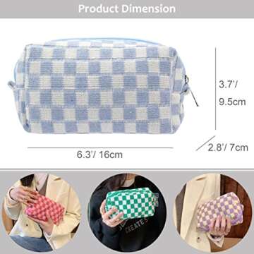 PAZIMIIK Checkered Makeup Bag for Purse Portable Zipper Make Up Pouch Small Cosmetic Case for Travel Accessories (Blue)