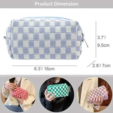 PAZIMIIK Checkered Makeup Bag for Purse Portable Zipper Make Up Pouch Small Cosmetic Case for Travel Accessories (Blue)